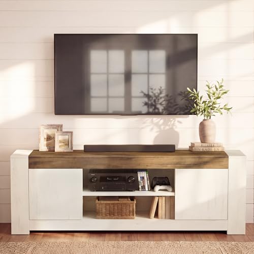Image of VASAGLE TV Stand, Farmhouse Entertainment Center with Storage Cabinets | Media Console Table for Living Room, Bedroom, for 80 Inch TV, Rustic White and Honey Brown ULTV624W201S