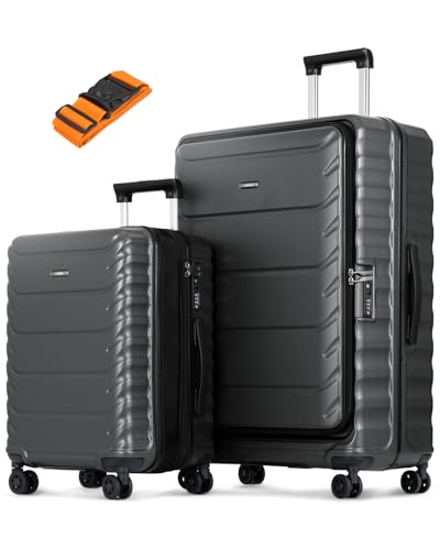 Luggage Sets 2 Pieces, 20/28 Inch PC Hardshell Suitcase with Spinner Wheels, 20 Inch Expandable Clamshell Carry On Luggage and 28 Inch Aluminum Frame Top Opening Checked Luggage (Black)