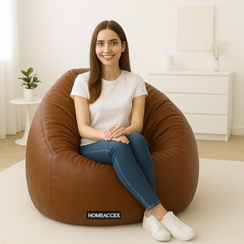 Image of Faux Leather Bean Bag with Filled Beans 3XL Bean Bag Chair | Capacity Upto 120 Kg Weight | XXXL Filled Bean Bag, Brown