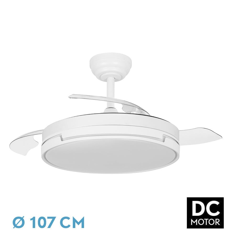 ABRILA - Ventilador DC PAPIRO | Color Blanco con tres Aspas Desplegables | 6 Velocidades Ajustables | 3 Temperaturas de Luz | con Temporizador y Mando a Distancia Incluido