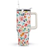 Ceovfoi Flower Tumbler with Handle Lid and Straw,40 Oz Watercolor Rose Bouquet Floral Tumbler Water Bottle Travel Coffee Cup Mug,Flower Gifts for Women,Flowers Decor,Accessories
