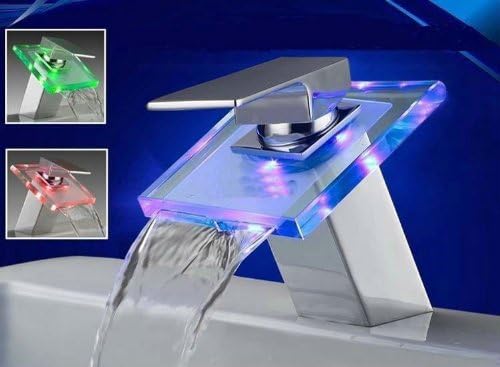 NO NEED BATTERY- Water powered LED GLASS Waterfall Faucet 4 basin Mixer Tap D-2