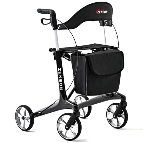 Rollator Walker for Seniors/Adults Foldable Rolling Walker with Seat 330 lbs Capacity 4 Big 7.9 inch Wheels Hand Grips Adjustable Height Lightweight Carbon Fiber Walker Removable Back Support