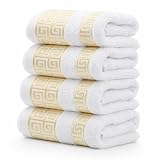 Jacob Bicerri 4 Piece WashCloth Set with Greek Key Design - 100% Cotton Soft & Absorbent Bathroom 12x19 in Small Towels - Soft Face Towels, Quick Dry White Wash Cloth for Spa, Hotel & Home Use CC2