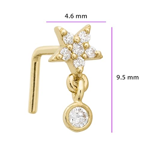 Jewelry Avalanche Solid 14K Yellow Gold Star L-Shape Nose Stud Dangling Bezel CZ Accent, 20G L-bend Nose Ring Stud 14KNLS112STR-CZ3