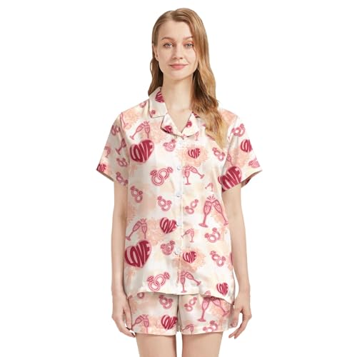Image of Funny Pajamas for Women Set Print Satin Loungewear Pjs Short Sleeve Button Down Top and Shorts Sets Sleepwear XS-3XL