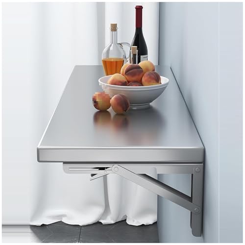 Mesa de pared plegable de hoja caída, resistente mesa de acero inoxidable de 120 x 35 cm con soporte grueso, acabado cepillado, diseño que ahorra espacio para uso doméstico u oficina