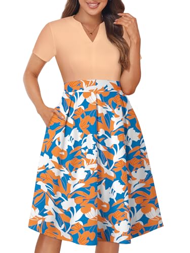 Image of YATHON Womens Elegant Print Notched Neck Slant Pocket Pleated Hem Casual A-Line Dress