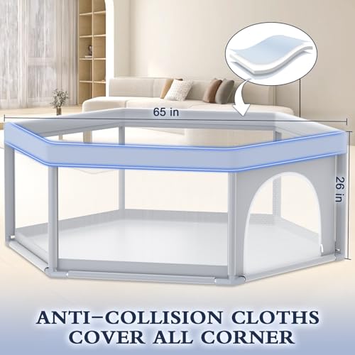 Image of XVISHX 65x65 Inch Hexagonal Baby Playpen, Playpen for Babies and Toddlers, Baby Play Pen Playard for Indoor & Outdoor Active Center Game Fence, with Skin-Friendly Fabric and Soft Breathable Mesh