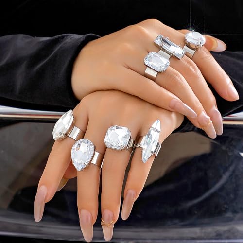 Chunky 7Pcs Silver Crystal Knuckle Rings Set Geometric Rhinestone Waterdrop Open Rings Stackable CZ Circle Square Finger Rings Jewelry Set for Women4