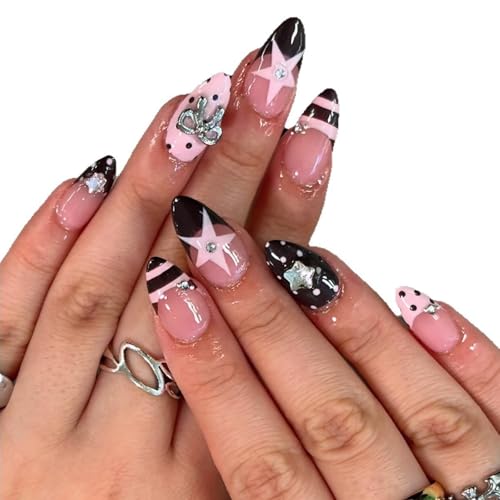 Image of NBNTGH Star Press on Nails Polka Dot Fake Nails Pink Black Design French Tip False Nail Glossy Full Cover Y2K Stick on Nail for Women Manicure 24Pcs