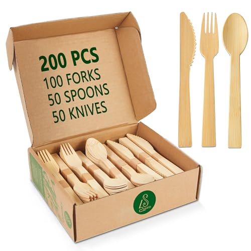 LSGIHFD Disposable Bamboo Cutlery Set, 100% All-Natural, 200 pieces (100 Forks, 50 Spoons, 50 Knives), Eco-Friendly Biodegradable Disposable Cutlery for Party, Camping, Weddings (200)