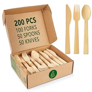 Disposable Bamboo Cutlery Set, 100% All-Natural, 200 pieces (100 Forks, 50 Spoons, 50 Knives), Eco-Friendly Biodegradable Disposable Cutlery for Party, Camping, Weddings (200)