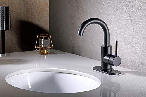 RKF Single-Handle Swivel Spout Bathroom Sink Faucet with Pop-up Drain with Overflow and Supply Hose,Bar Sink Faucet,Small Kitchen Faucet Tap,Matte Black,BF3501P-MB