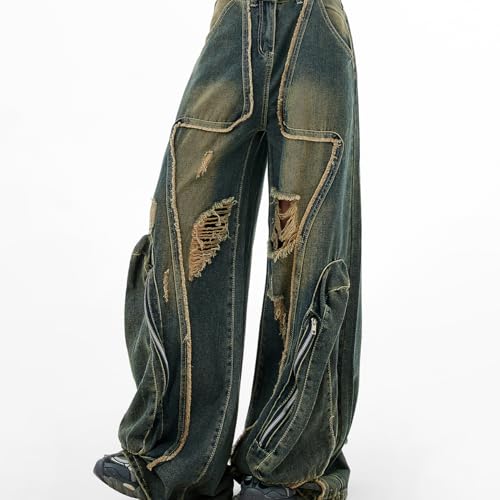 Fashion Low Rise Straight Leg Baggy Jeans for Women Casual Vintage Y2K Tie Dye Ripped Wide Leg Denim Pants4