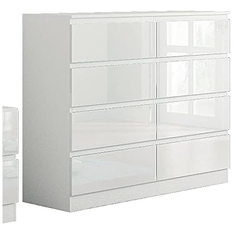 FWStyle Modern 8 Drawer Chest No Handle Sleek Design Bedroom Furniture - White Gloss & Matt Frame Cover
