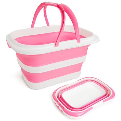 Image of XXFLOWER Large Collapsible Bucket for Cleaning, 4.2 Gallon (16L) Silicone Bucket with Handle & Hanging Hole, Foldable Space-Saving Mop Bucket for Home, Storage. Car Wash, Camping, Beach (Pink White)
