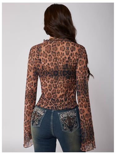 Image of RoseSeek Women's Y2k Leopard Mesh V Neck Tie Front Bell Sleeve T Shirt Tops