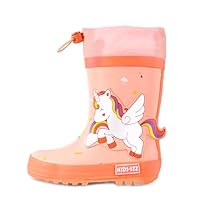 HSYAAMOO Kids Rain Boots with Drawstring – Pink Rubber Waterproof Toddler Rain Boots with Rainbow Pony Design, Lightweight Non-Slip Boots with Breathable Lining for Girls & Boys