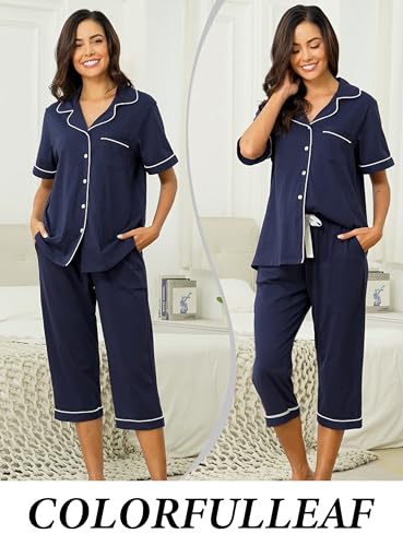 COLORFULLEAF 100% Cotton Women's Pajama Sets Short Sleeve Capri Pajamas for Women Set Button Down Pjs Soft Sleepwear Summer2