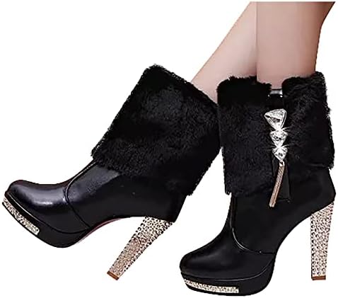 Women's Rhinestone Booties Round Toe Stiletto Heels Plush Short Boots Sexy PU Leather Side Zipper Booties Slip On Fashion Elegant Comfy Outdoor Shoes | Image 2