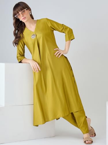 Image of INDO ERA Women's Viscose Solid A-Line Calf Length Kurta & Pant Set (IESTR12352)