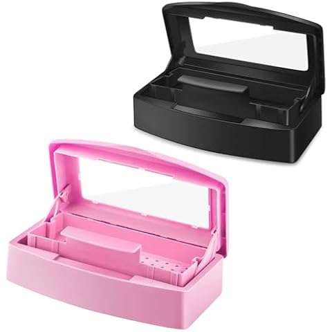 Gusnilo 2 Piece Nail Tool Sterilizer Box Plastic Disinfectant Container Barbicide Disinfectant Tray for Nail Tools, Tweezers, Hair Salon, Spa and Trimmer Manicure Equipment (Black+Pink) Cover