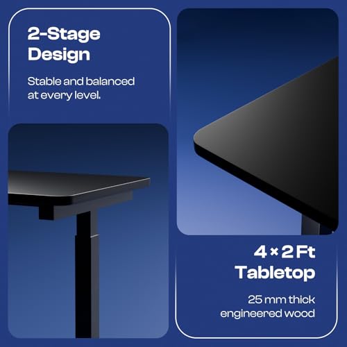 Image of Vergo Move M1 Manual Height Adjustable Table, Standing Desk for Work from Home, Hand Crank Office Table with 2 Stages, 80 Kg Load, 2 Year Warranty, (Black, 1200 x 600mm / 25mm Thick)