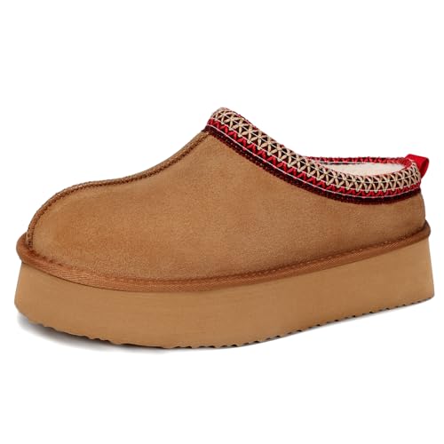 ZEXSAFETY Platform Slippers for Women Snow Winter Womens Slippers Comfy Furry Shoes for Outdoor Indoor House Chestnut 7