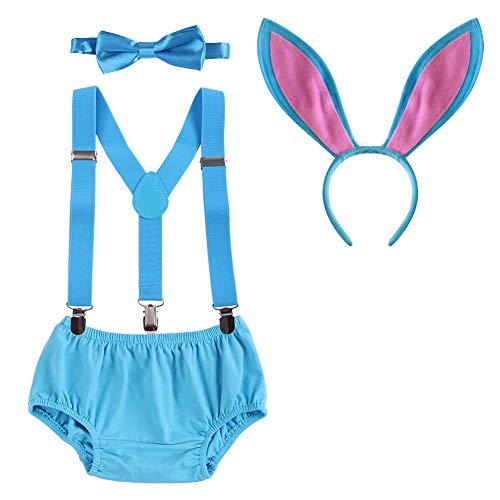Easter Bunny Party Supplies Easter Rabbit Costume Easter Bunny Costume for Baby Boy Suspender Bloomers Bowtie Headband Cake Smash Some Bunny is One Birthday Photo Shoot Handsome Lil Wabbit Costume Blue - bunny Ear 3-24 Months