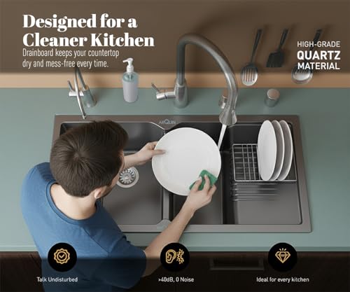 Image of ARQUIN Double Bowl Quartz with Drainboard Kitchen Sink 45x20x9 Inch Grey | Undermount,Topmount | Including Coupling,Sink Connector,Waste Pipe & Fruit Washing Basket