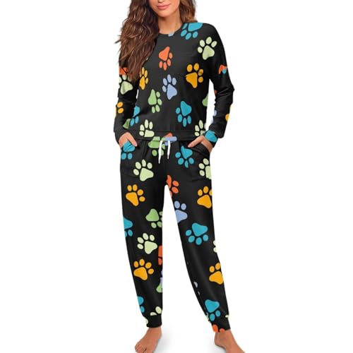 Image of Womens Lounge Set Long Sleeve Soft Pajama Sets Casual 2 Piece Pj Outfit Crewneck Sleepwear with Pockets Plus Size