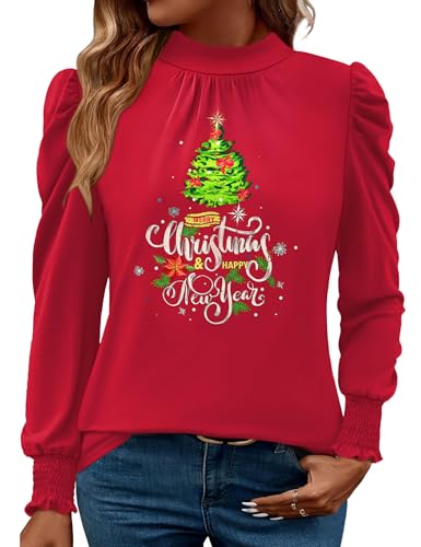 Image of LUYAA Puff Long Sleeve Shirts for Women Tops Dressy Casual Frill Mock Neck Smocked Cuffs Blouses