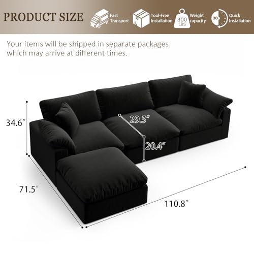 Image of Modular Sectional Sofa Cloud Couch,Down Filled Comfy Cloud Modern Sofa,Black Linen L Shape Oversized Couch Cushion Covers Removable Furniture for Living Room