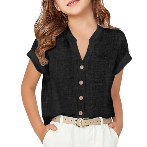Teens Girls Shirt Short Sleeve Shirt Cotton Linen Blend Button-Down Top Kids Girls V-Neck Trendy (Black, 5-6 Years)4