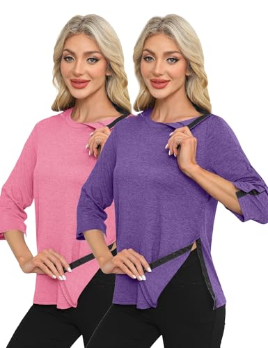 Poriff Women's Full Snap Post Shoulder Surgery Shirts 3/4 Sleeve Chemo Port Tops After Rotator Cuff Adaptive Clothing S - XXL