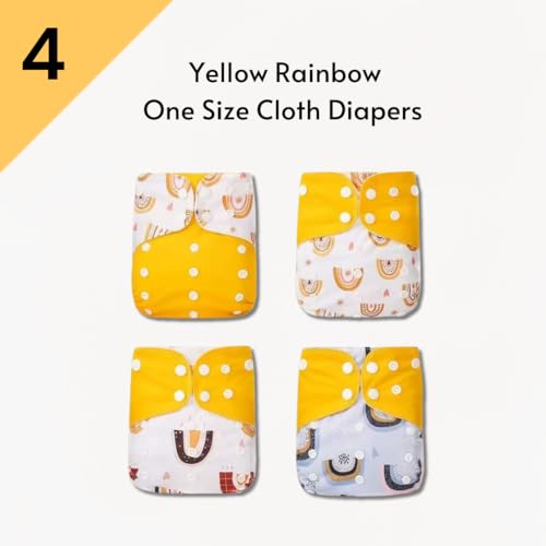 KaWaii Baby 4 One Size Printed Snap Cloth Diapers with 8 Premium 5-Layer Inserts, Washable, Reusable, Leak-Proof, Newborn Thru Potty Training - Yellow Rainbow2