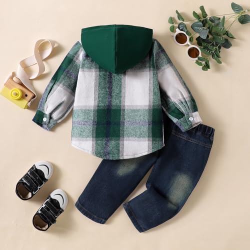 Image of Toddler Baby Boy Fall Winter Clothes Long Sleeve Plaid Hooded Sweatshirt Ripped Holes Jeans Set 1-5 Years Old