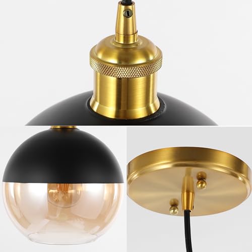 Image of JONATHAN Y Nixon 1-Light 7.5 inch Globe Pendant, Brass Gold /Black, Set of 2 | Mid-Century Modern, Adjustable, Champagne Smoked Glass Shade, LED Bulbs Included, Metal /Glass Kitchen Island Ceiling Fixture