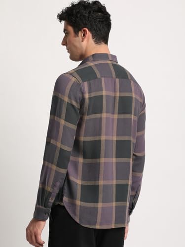 Image of Men Purple Checked Slim Fit Cotton Casual Shirt