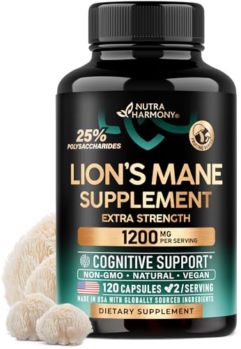Lions Mane Supplement Capsules - Organic Lions Mane - Made in USA - Fruiting Bodies Extract - 1200 mg, 25% Polysaccharides - Memory & Focus Support - As Lions Powder - 120 Capsules, 2 Month Supply