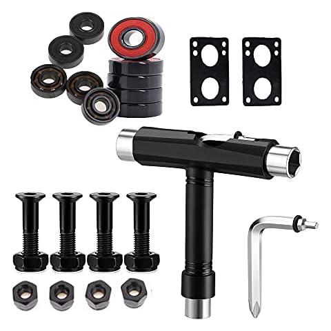 Skateboard T-Tool Schraubenschlüssel mit Inbusschlüssel, 10 STK 608 rs Kugellager + 4 Skateboard Schrauben + 1 Minischlüssel, Sechskantschlüssel Skateboards Werkzeug Scooter Longboard Miniboard Cover
