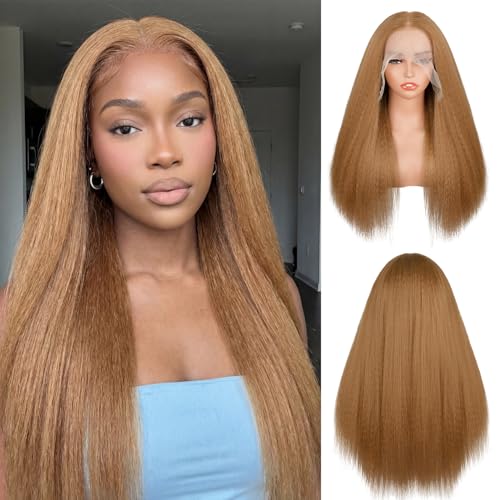 Cemuto Kinky Straight Lace Front Wigs Pre Plucked with Baby Hairs 180% Density Yaki Straight 13x6 Synthetic Transparent HD Glueless Lace Wig as Human Hair Strawberry Blonde 22 Inch