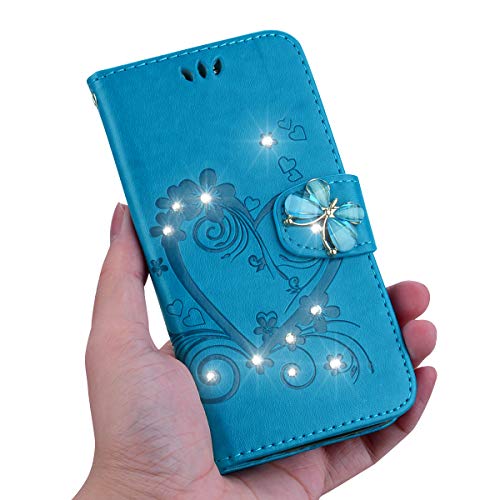 KM-Panda - Funda de Piel sintética con Tapa para Apple iPhone 7 y 8, diseño de corazón y Mariposas, Color Azul