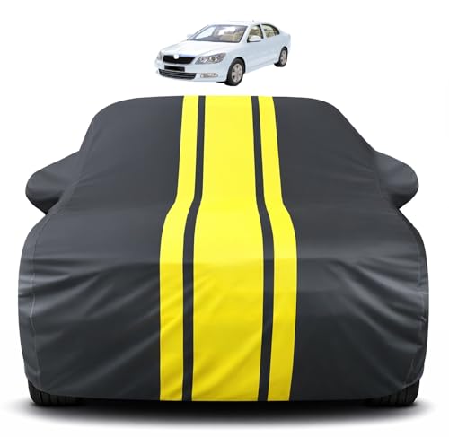 Image of Auto Hub Car Cover Compatible with Skoda Laura with Mirror Pocket, Soft Cotton Lining, Laura Car Cover Waterproof - Yellow-Black