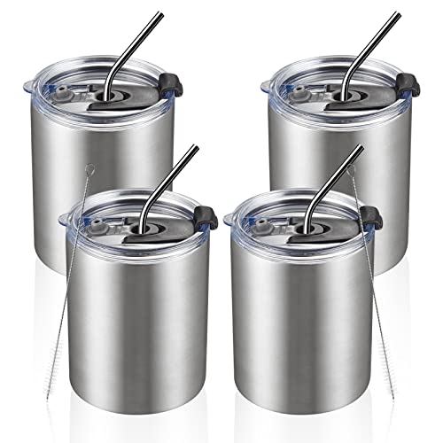 MEWAY 12 oz Lowball, Tumbler Stainless Steel Double Wall Vacuum Insulated Mug with Straw and Lid, Cleaning Brush ,Durable Powder Coated Insulated Coffee Cup for Cold & Hot Drinks (Silver,4 pack)