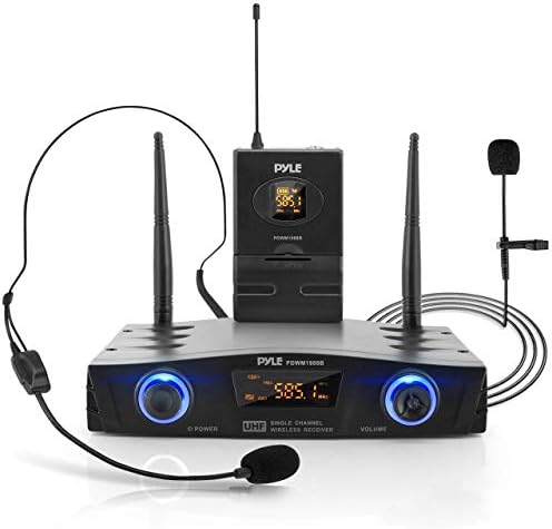 PYLE Compact UHF Wireless Microphone System - Pro Portable 1 Channel Desktop Digital Mic Receiver Set w/ Belt-Pack Transmitter, Receiver, Headset and Lavalier Mics, XLR, For Home, PA PDWM1988B,Black