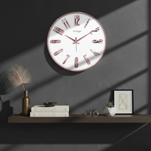 Image of RANDOM Sweep Silent Wall Clock, Non-Ticking Quartz Movement with 3D Foiling Numbers. (Rose Gold and White)