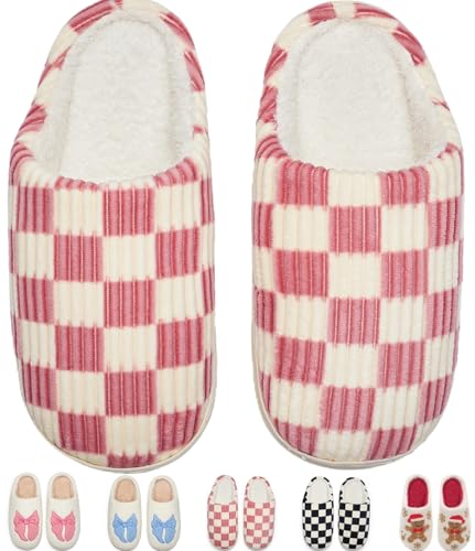 Cxiboh Slippers for Women Comfy Non-slip Checkered House Shoes with Memory Foam Retro Trendy StuffA-pink-4041