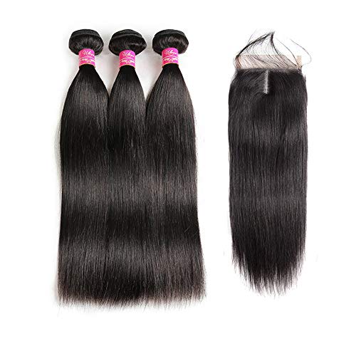 Brazilian Straight Hair With Closure 3 Bundles Unprocessed Virgin Human Hair Bundles With Lace Closure Free Part Hair Extensions Natural Color (22 24 26+20",Middle Part)